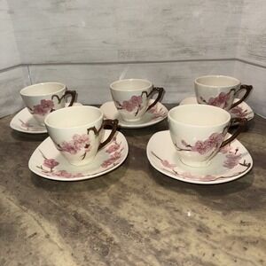 Vintage Metlox  Poppytrail Peach Blossom 5 Coffee Cups And 5 Saucers